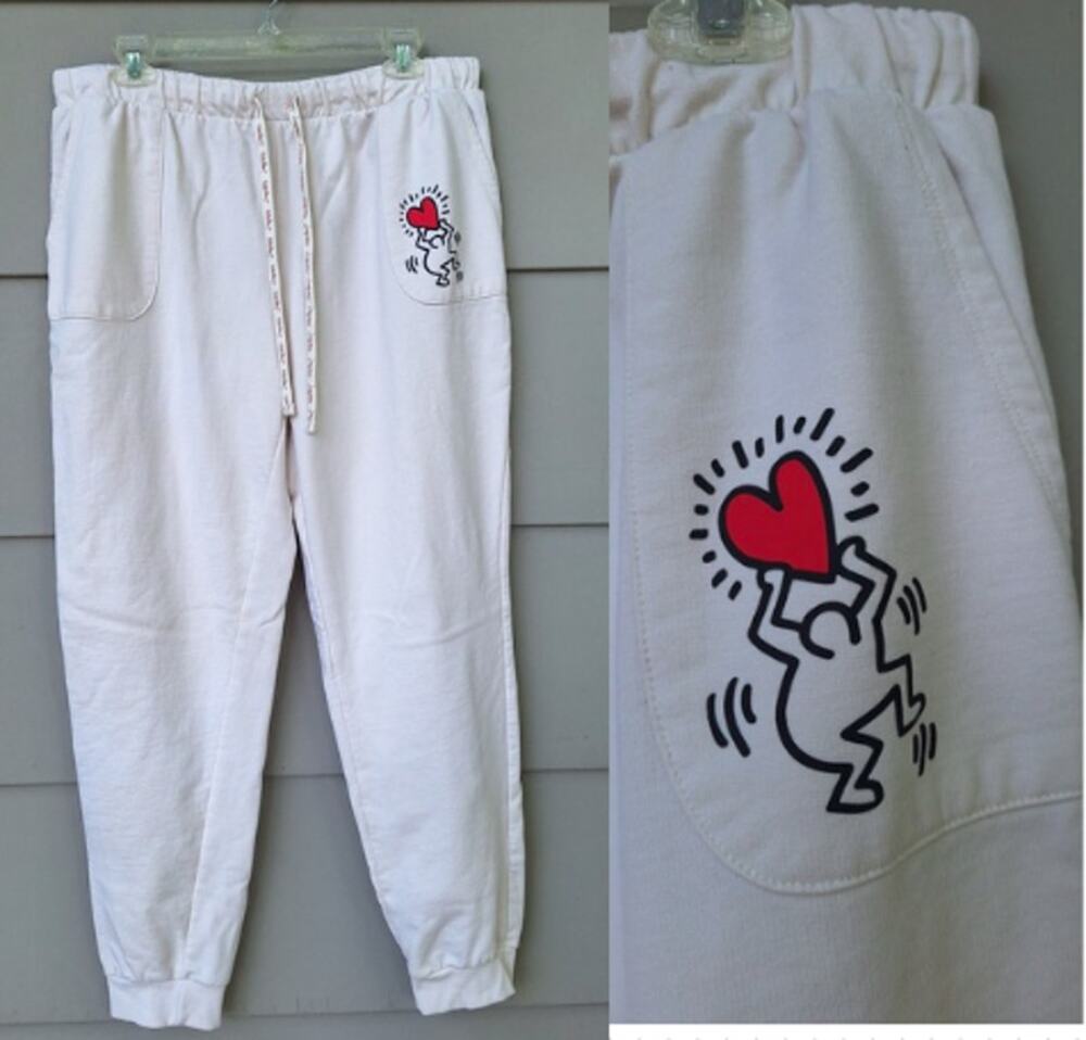 Keith Haring Women's Ivory Cream Graphic Fleece Jogger Sweatpants Man Heart L